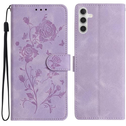 Funda de cuero con estampado de rosas en relieve para Samsung Galaxy A04S (morado claro)