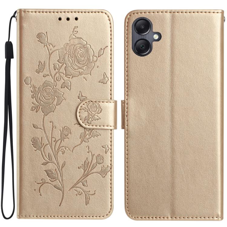Funda de cuero con estampado de rosas en relieve para Samsung Galaxy A05 (dorada)