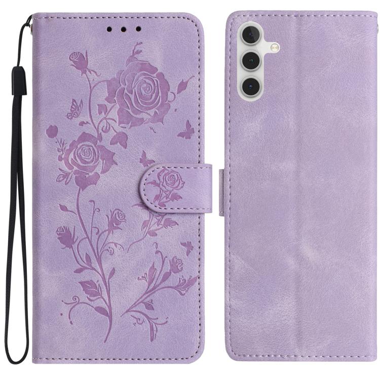Funda de cuero con estampado floral en relieve para Samsung Galaxy A05S (morado claro)