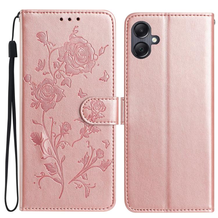 Funda de cuero con estampado floral en relieve para Samsung Galaxy A06 (oro rosa)