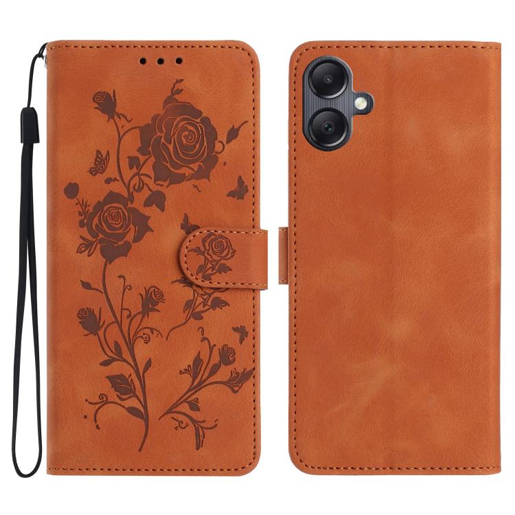 Funda de cuero con estampado de rosas en relieve para Samsung Galaxy A06 (marrón)