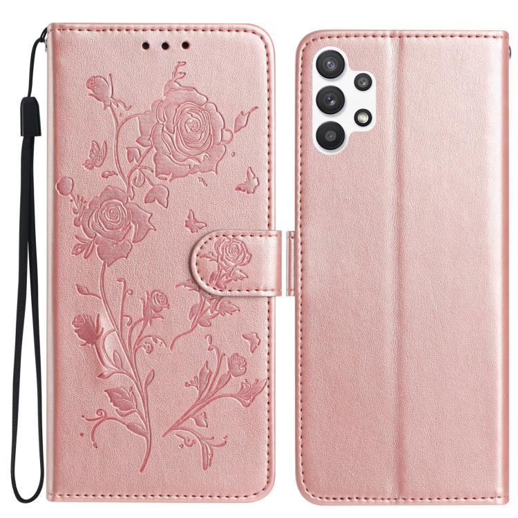 Funda de piel con estampado floral en relieve para Samsung Galaxy A13 4G (oro rosa)