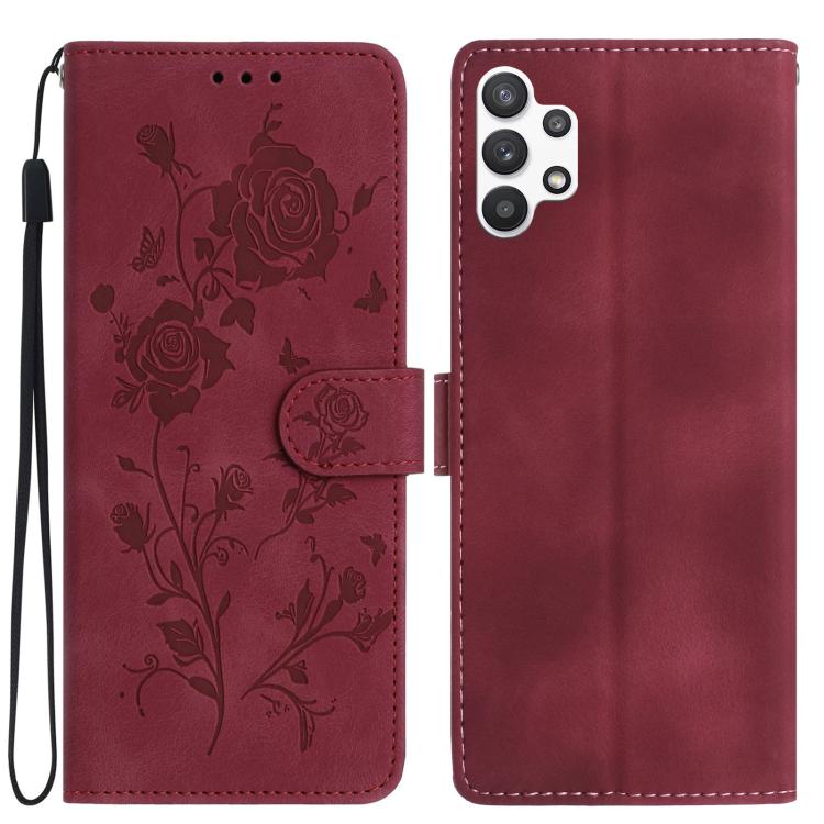 Funda de piel con estampado floral en relieve para Samsung Galaxy A13 4G (roja)