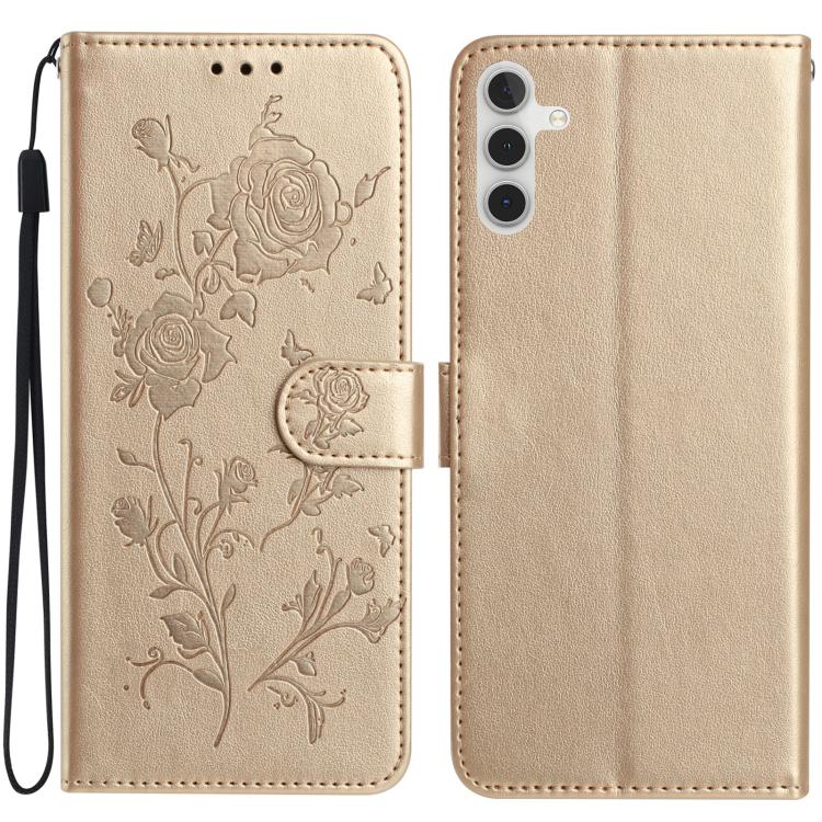 Funda de cuero con estampado de rosas en relieve para Samsung Galaxy A16 (dorada)