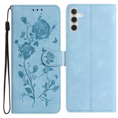 Funda de piel con estampado floral en relieve para Samsung Galaxy A16 (azul cielo)