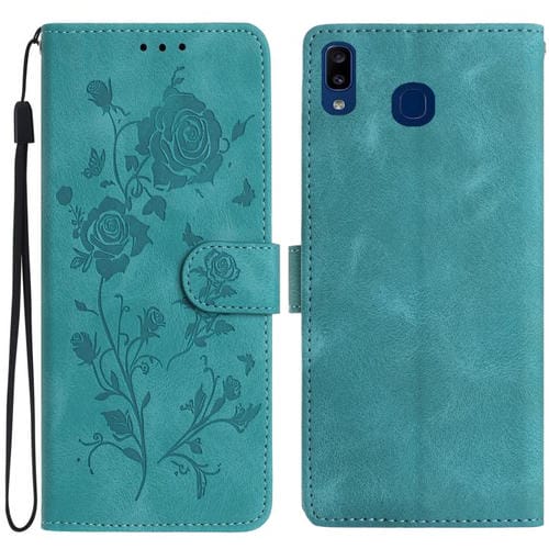 Funda de piel con estampado de rosas en relieve para Samsung Galaxy A20/A30 (verde)
