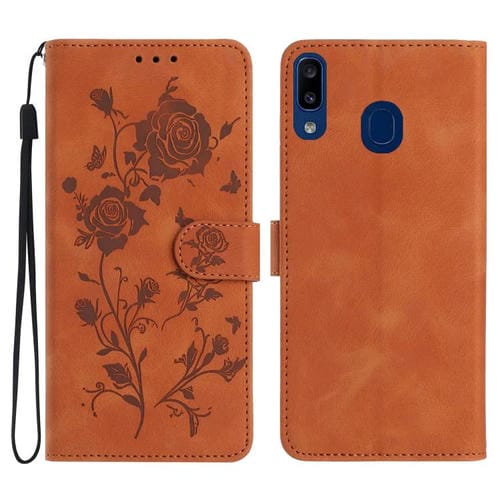 Funda de cuero con estampado de rosas en relieve para Samsung Galaxy A20/A30 (marrón)