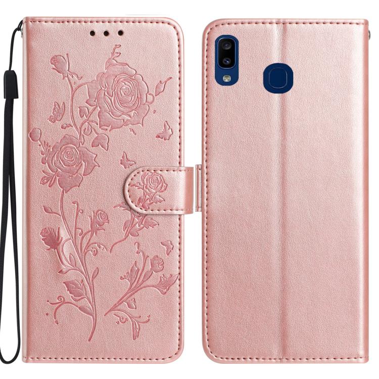 Funda de cuero con estampado floral en relieve para Samsung Galaxy A20e (oro rosa)