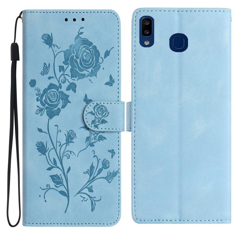 Funda de piel con estampado floral en relieve para Samsung Galaxy A20e (azul cielo)