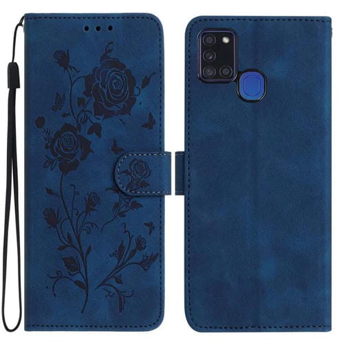 Funda de piel con estampado floral en relieve para Samsung Galaxy A21S (azul oscuro)
