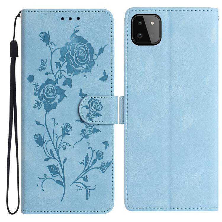 Funda de piel con estampado floral en relieve para Samsung Galaxy A22 5G (azul cielo)