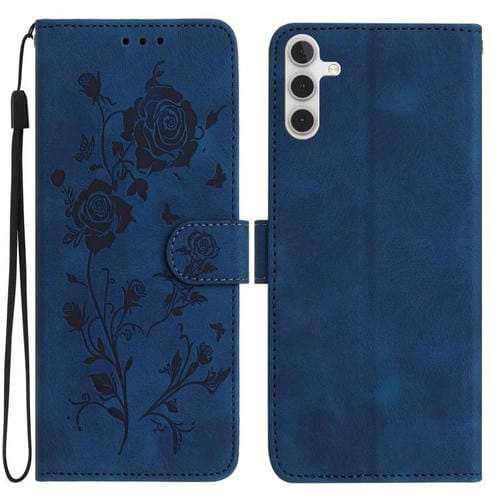 Funda de cuero con estampado floral en relieve para Samsung Galaxy A34 (azul oscuro)