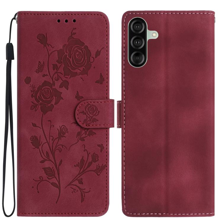 Funda de cuero con estampado de rosas en relieve para Samsung Galaxy A36 (roja)
