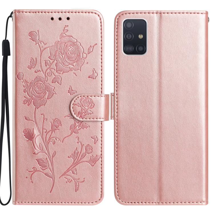 Funda de piel con estampado floral en relieve para Samsung Galaxy A51 (oro rosa)
