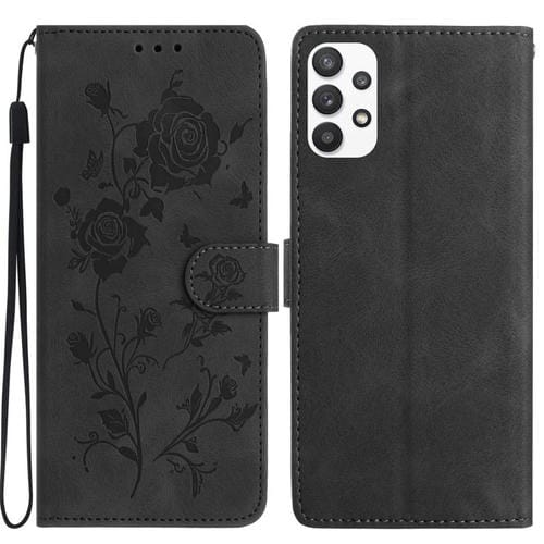 Funda de cuero con estampado de rosas en relieve para Samsung Galaxy A52 (negra)