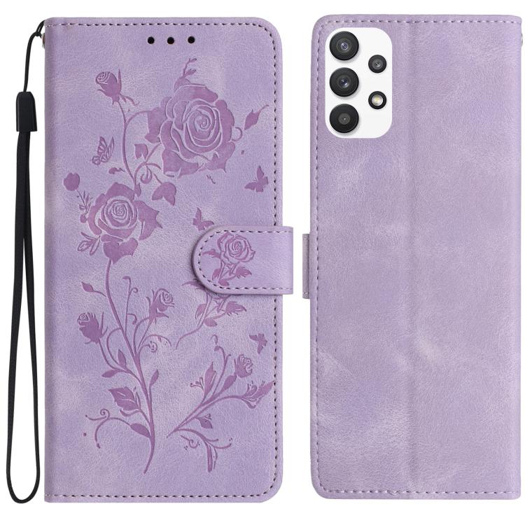 Funda de cuero con estampado de rosas en relieve para Samsung Galaxy A53 (morado claro)