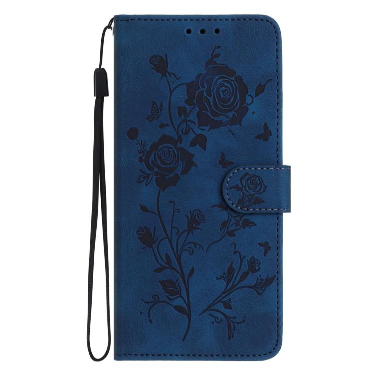 Funda de cuero con estampado floral en relieve para Samsung Galaxy A56 (azul oscuro)