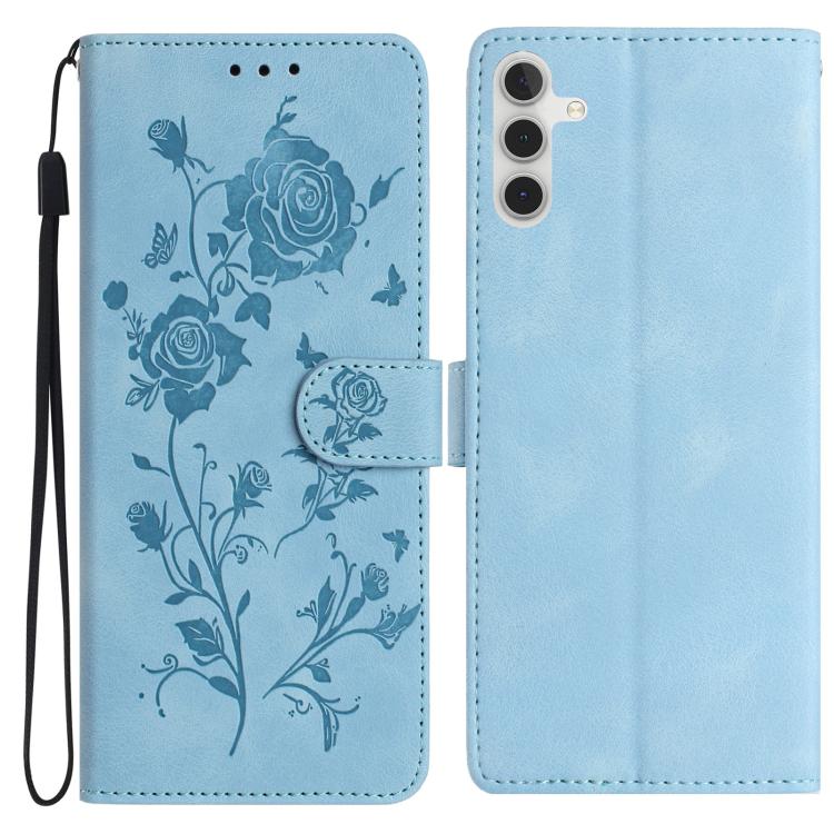 Funda de cuero con estampado floral en relieve para Samsung Galaxy A56 (azul cielo)