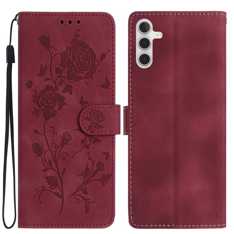 Funda de cuero con estampado de rosas en relieve para Samsung Galaxy A56 (roja)