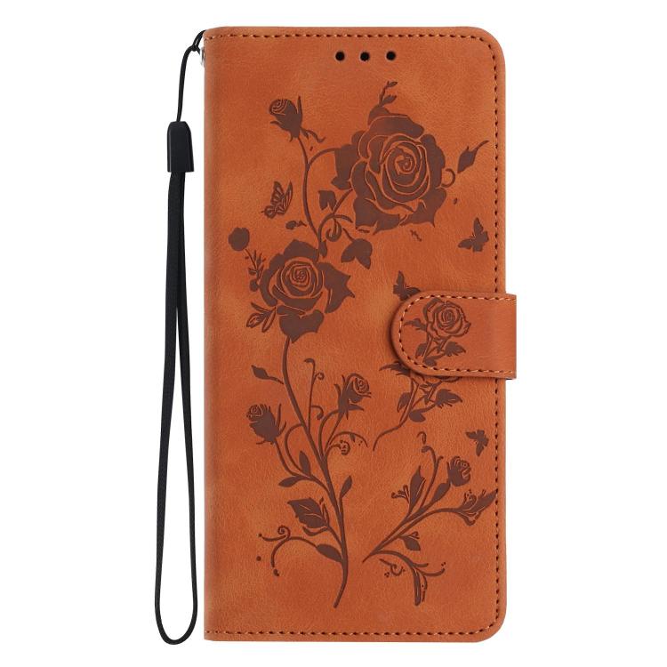 Funda de cuero con estampado de rosas en relieve para Samsung Galaxy A56 (marrón)