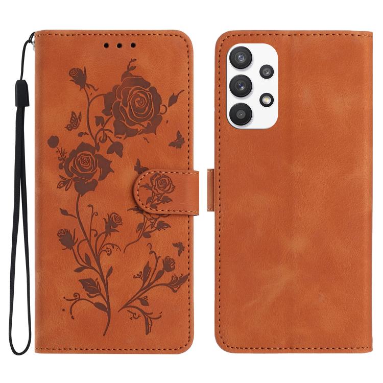 Funda de cuero con estampado de rosas en relieve para Samsung Galaxy A73 (marrón)
