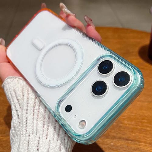 Funda MagSafe transparente con degradado de color en contraste para iPhone 17 Pro (azul, verde y rosa)