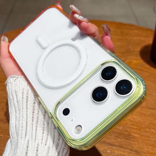 Funda MagSafe transparente con degradado de color en contraste para iPhone 17 Pro (verde fluorescente y rosa claro)