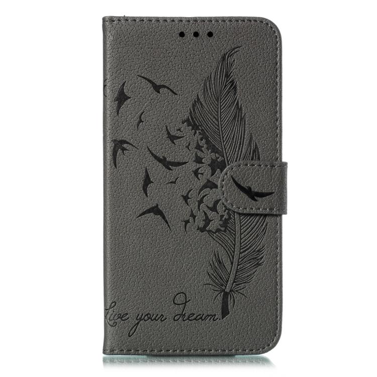 Funda de cuero con textura de lichi y estampado de plumas para Xiaomi 14T Pro (gris)