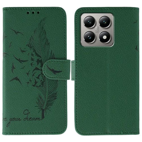 Funda de cuero con textura de lichi y estampado de plumas para Xiaomi 14T (verde)