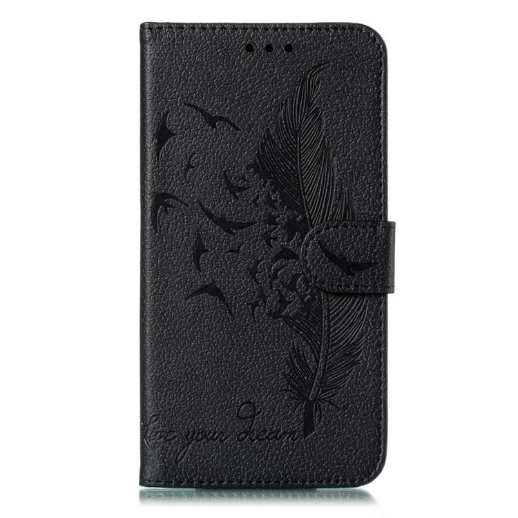Funda de cuero con textura de lichi y estampado de plumas para Xiaomi 14T (negra)