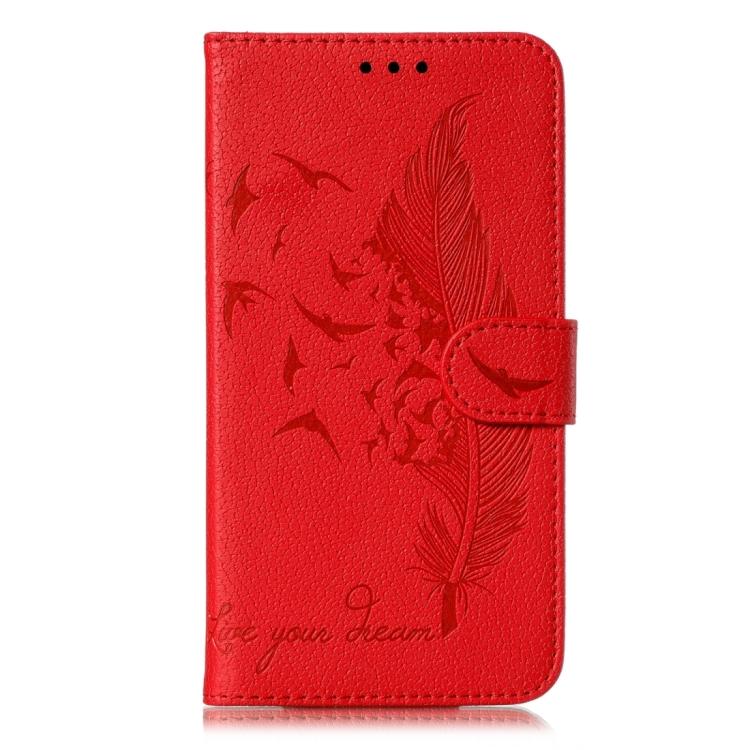 Funda de cuero con textura de lichi y estampado de plumas para Xiaomi Poco C75 4G (roja)