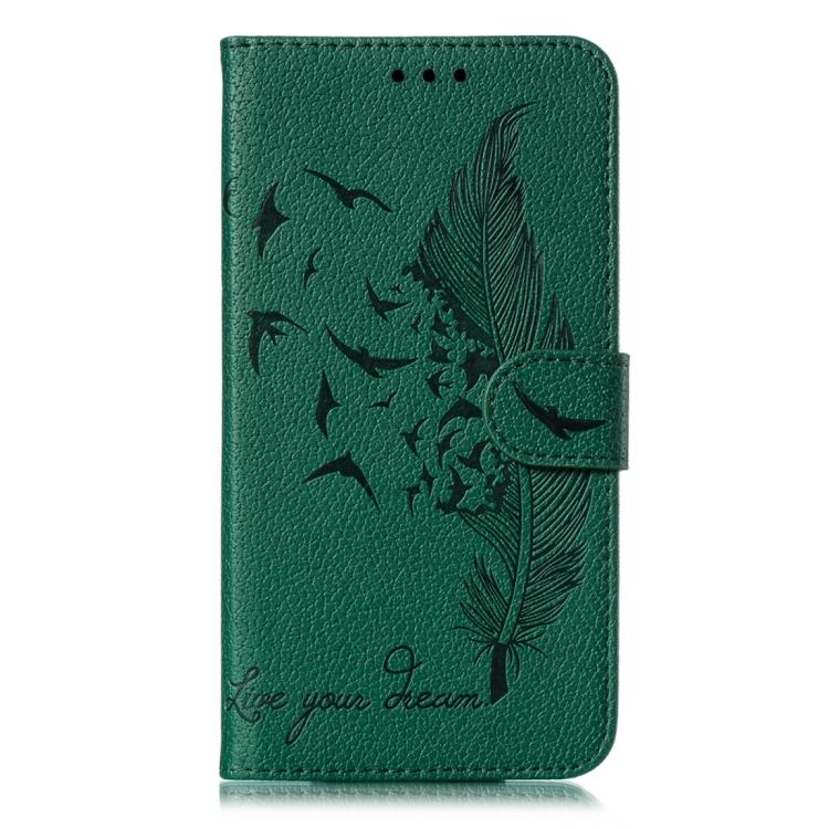 Funda de cuero con textura de lichi y estampado de plumas para Xiaomi Poco C75 4G (verde)