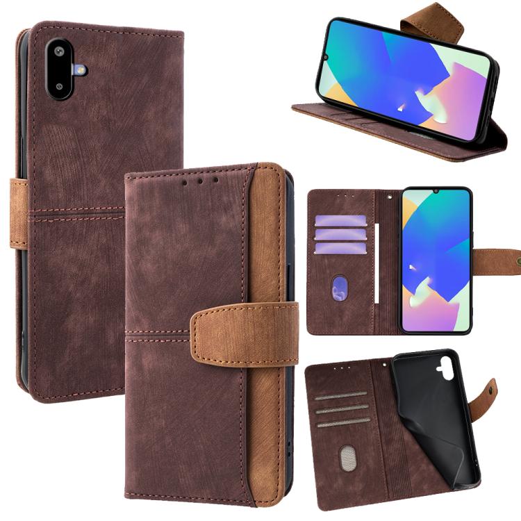 Funda de cuero con costuras de color y bloqueo RFID para Samsung Galaxy F06 5G (marrón)