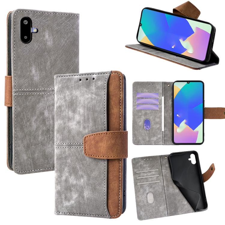 Funda de cuero con costuras de color y bloqueo RFID para Samsung Galaxy F06 5G (gris)