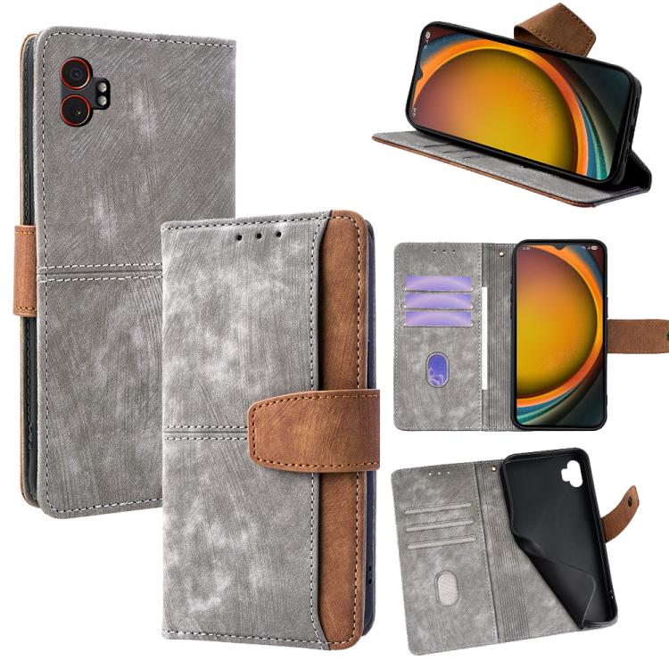 Funda de cuero con costuras de color y bloqueo RFID para Samsung Galaxy Xcover 7 5G (gris)