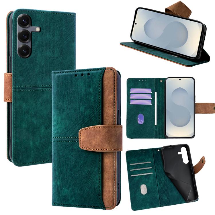 Funda de cuero con costuras de color y bloqueo RFID para Samsung Galaxy S25+ 5G (verde)