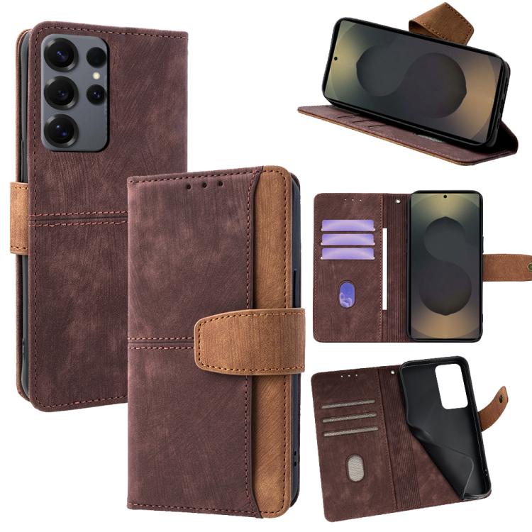 Funda de cuero con costuras de color y bloqueo RFID para Samsung Galaxy S25 Ultra 5G (marrón)