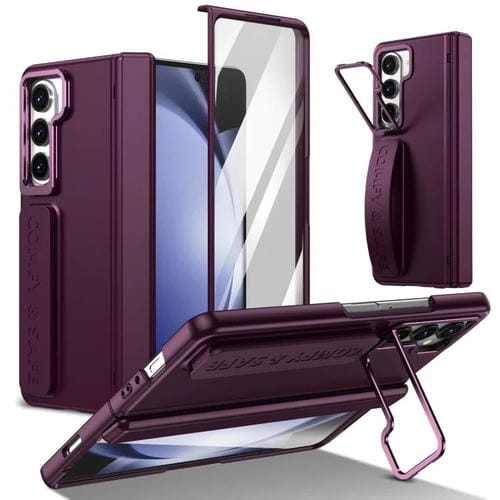 Funda para teléfono con soporte para lente integrada y correa para Samsung Galaxy Z Fold5 (rojo vino)