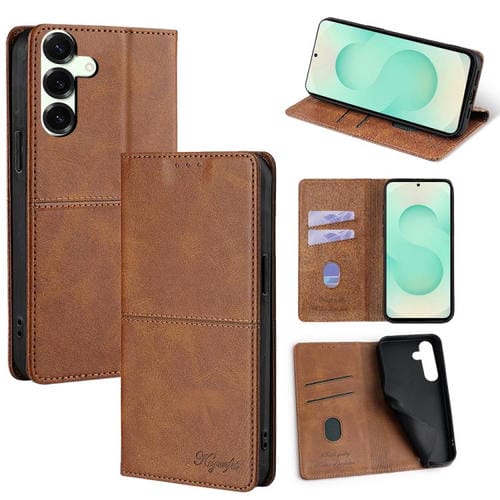 Funda magnética de cuero con textura de vaca para Samsung Galaxy S25+ 5G (marrón claro)