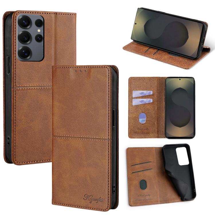 Funda magnética de cuero con textura de vaca para Samsung Galaxy S25 Ultra 5G (marrón claro)