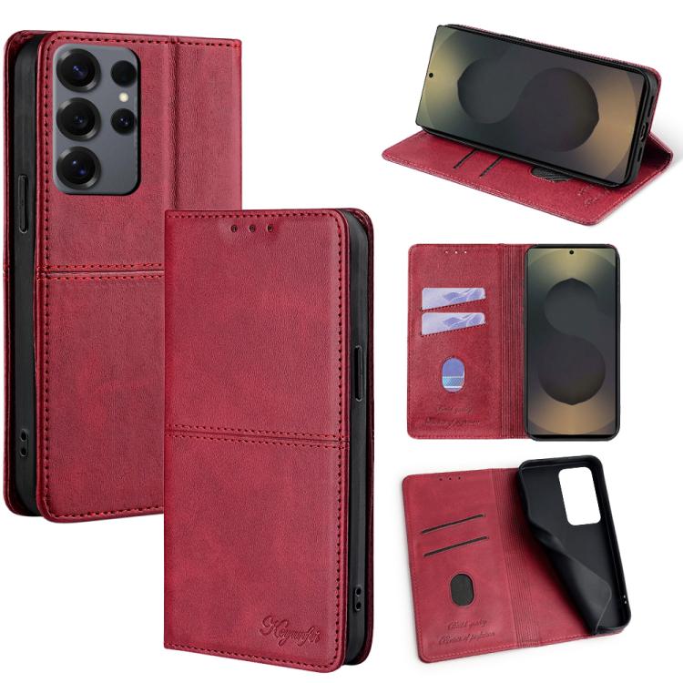 Funda de cuero magnético con textura de vaca para Samsung Galaxy S25 Ultra 5G (roja)
