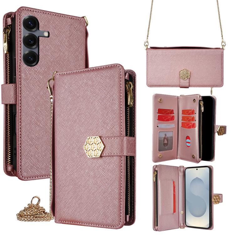 Funda de cuero con textura cruzada y asa cruzada para Samsung Galaxy S25 5G (oro rosa)