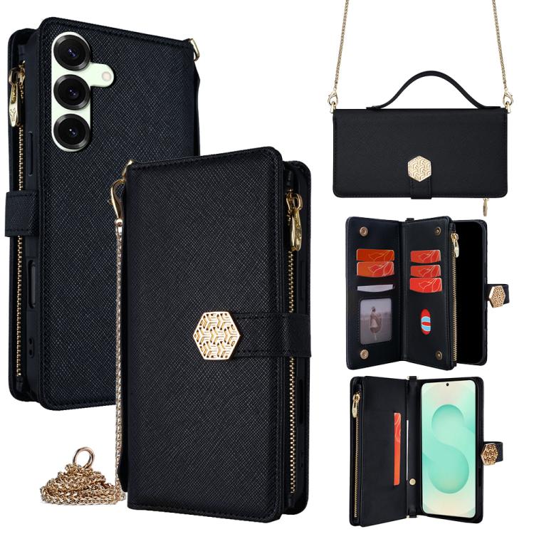Funda de cuero con textura cruzada y asa cruzada para Samsung Galaxy S25+ 5G (negra)
