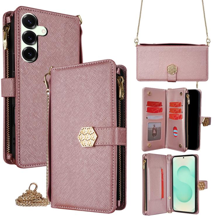 Funda de cuero con textura cruzada y asa cruzada para Samsung Galaxy S25+ 5G (oro rosa)