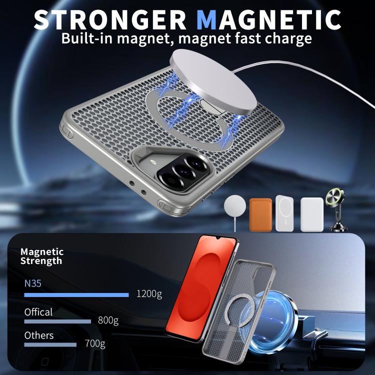 Funda con soporte MagSafe y refrigeración Honeycomb para Samsung Galaxy A26 5G (gris titanio)