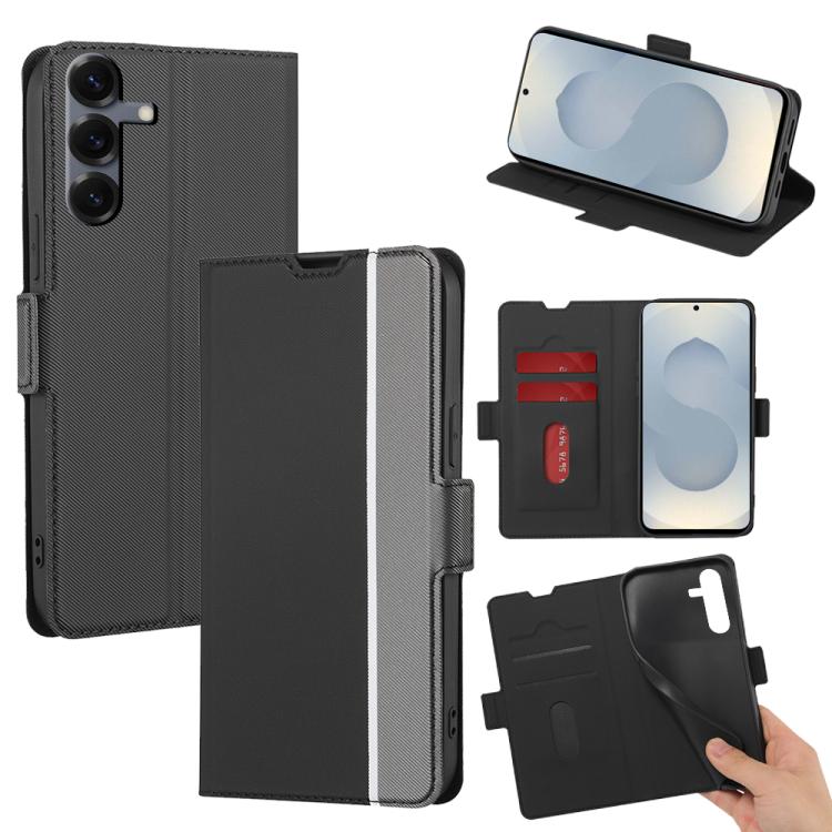 Funda de cuero con textura de sarga y botones laterales para Samsung Galaxy S25 5G (negra)
