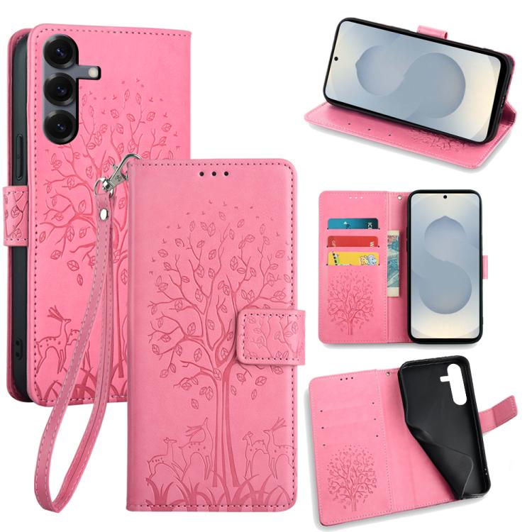 Funda de piel con relieve de árbol y ciervo para Samsung Galaxy S25 5G (rosa)
