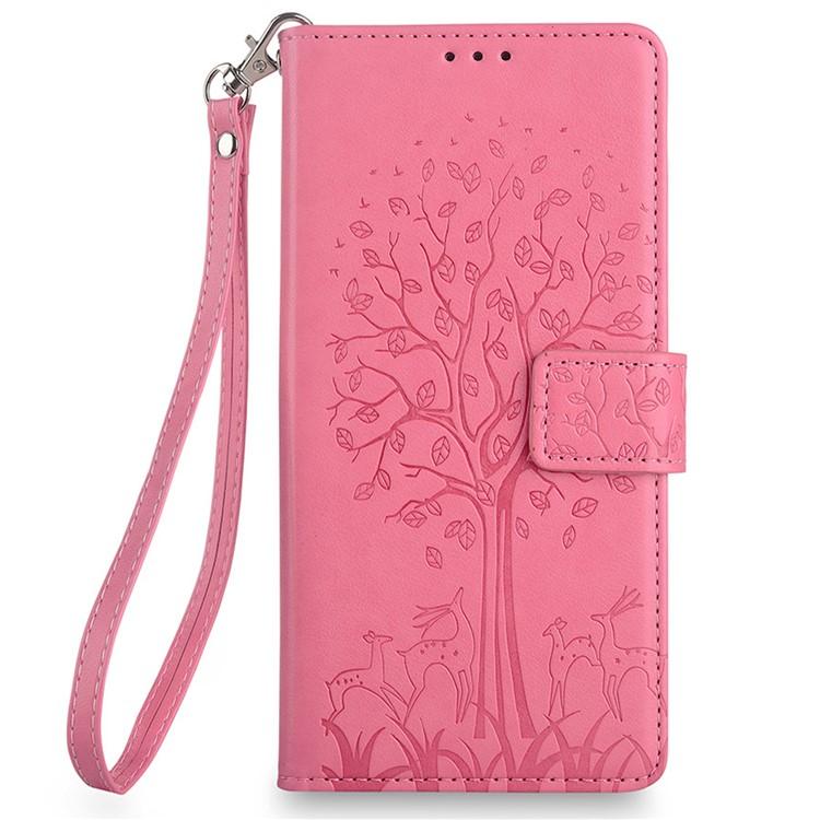 Funda de piel con relieve de árbol y ciervo para Samsung Galaxy S25 5G (rosa)