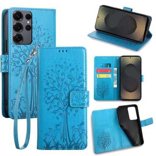 Funda de piel con relieve de árbol y ciervo para Samsung Galaxy S25 Ultra 5G (azul)