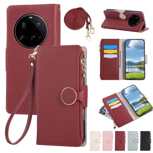 Funda de cuero con hebilla redonda y cremallera para Xiaomi 15 Ultra, con correa cruzada (roja)